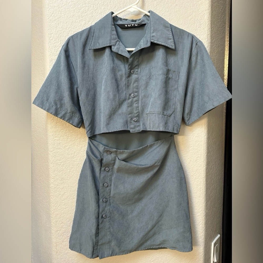 Cropped Button-Front Mini Dress in Slate Blue